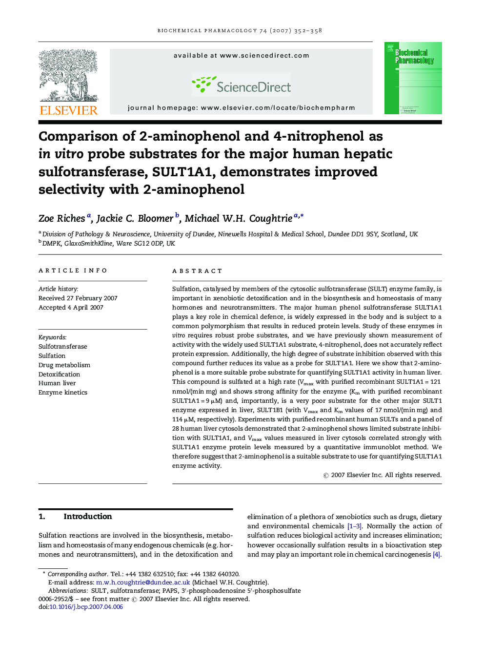 Comparison of 2-aminophenol and 4-nitrophenol as in vitro probe substrates for the major human hepatic sulfotransferase, SULT1A1, demonstrates improved selectivity with 2-aminophenol