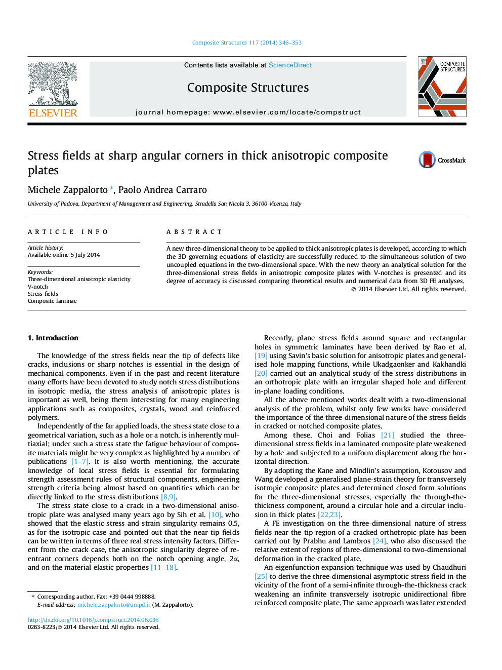 Stress fields at sharp angular corners in thick anisotropic composite plates