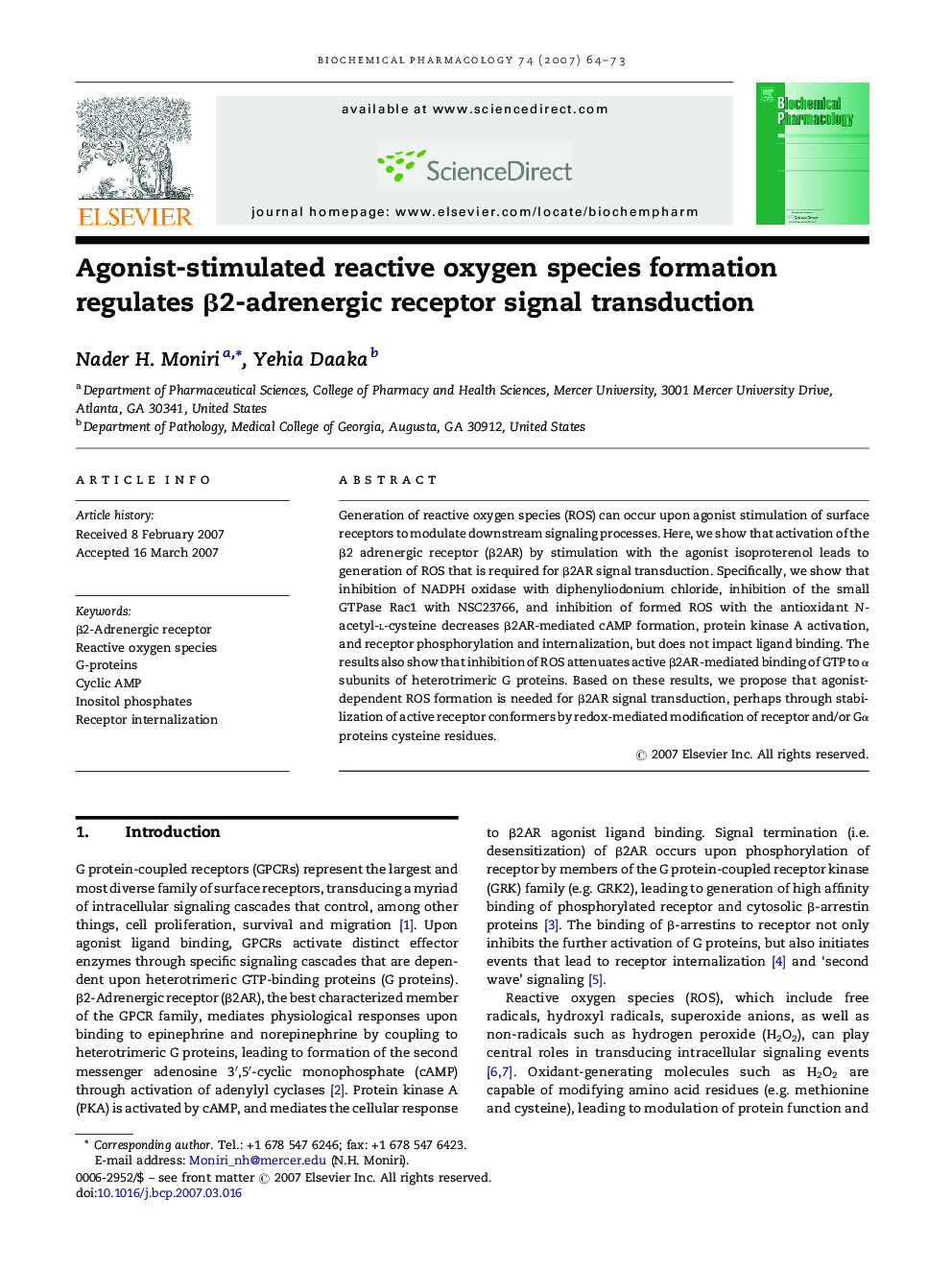 Agonist-stimulated reactive oxygen species formation regulates β2-adrenergic receptor signal transduction