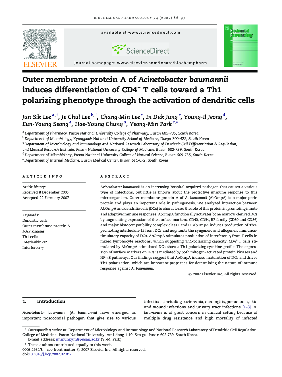 Outer membrane protein A of Acinetobacter baumannii induces differentiation of CD4+ T cells toward a Th1 polarizing phenotype through the activation of dendritic cells