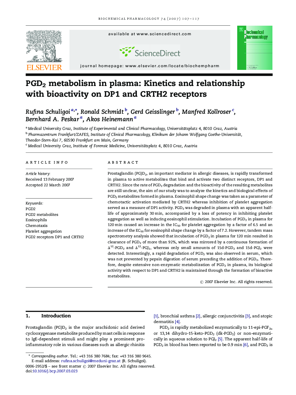 PGD2 metabolism in plasma: Kinetics and relationship with bioactivity on DP1 and CRTH2 receptors