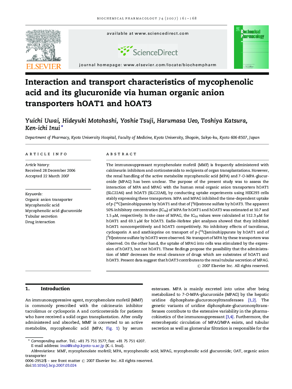 Interaction and transport characteristics of mycophenolic acid and its glucuronide via human organic anion transporters hOAT1 and hOAT3