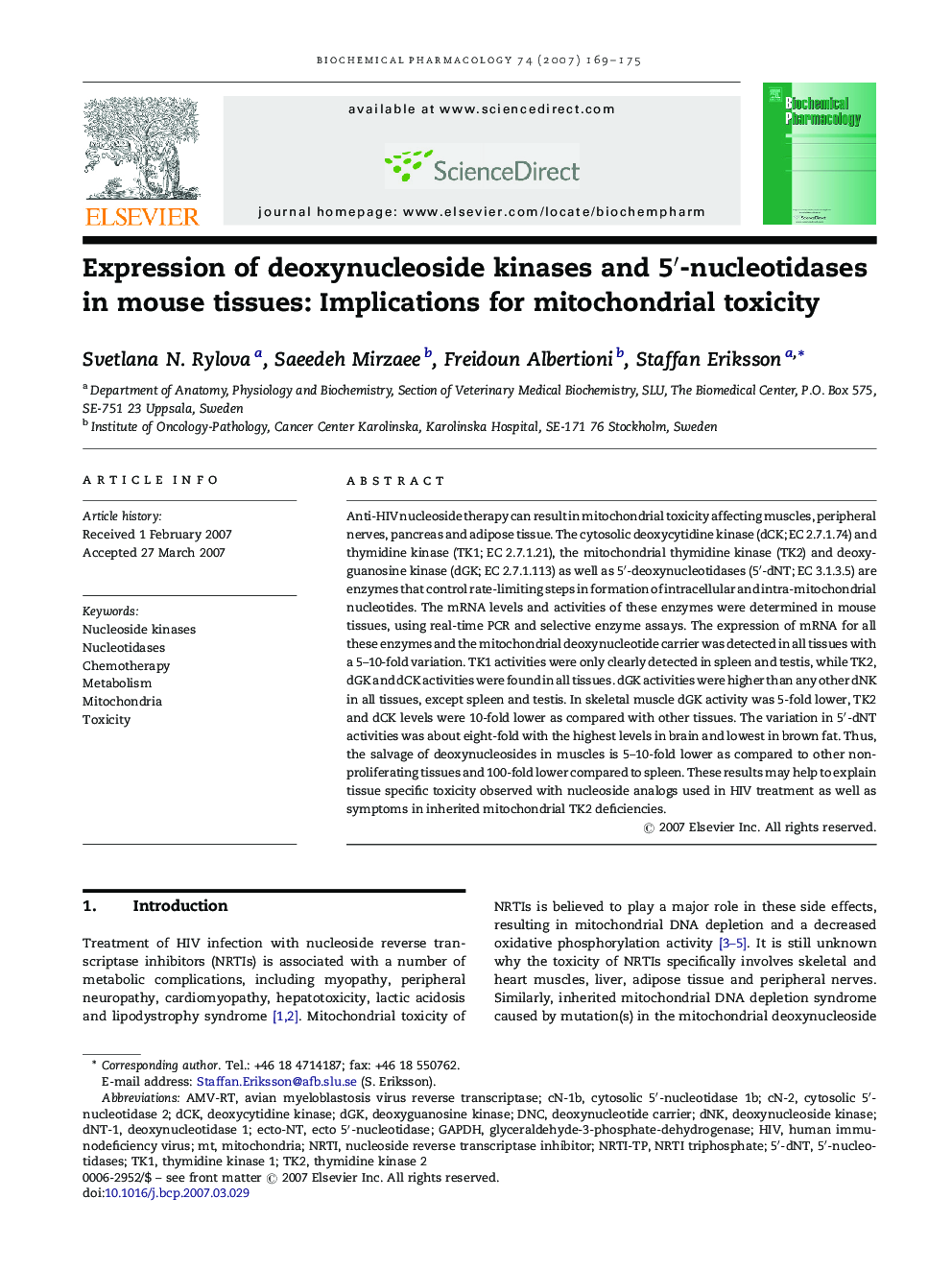 Expression of deoxynucleoside kinases and 5′-nucleotidases in mouse tissues: Implications for mitochondrial toxicity