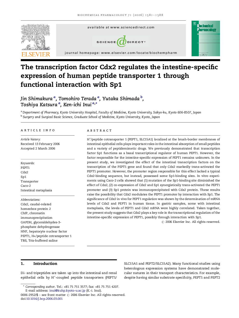 The transcription factor Cdx2 regulates the intestine-specific expression of human peptide transporter 1 through functional interaction with Sp1