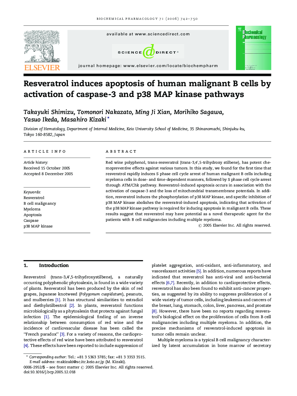 Resveratrol induces apoptosis of human malignant B cells by activation of caspase-3 and p38 MAP kinase pathways