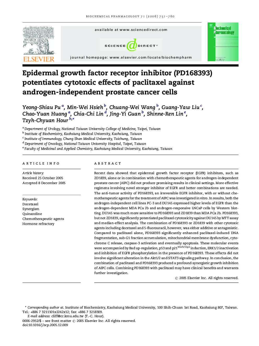 Epidermal growth factor receptor inhibitor (PD168393) potentiates cytotoxic effects of paclitaxel against androgen-independent prostate cancer cells