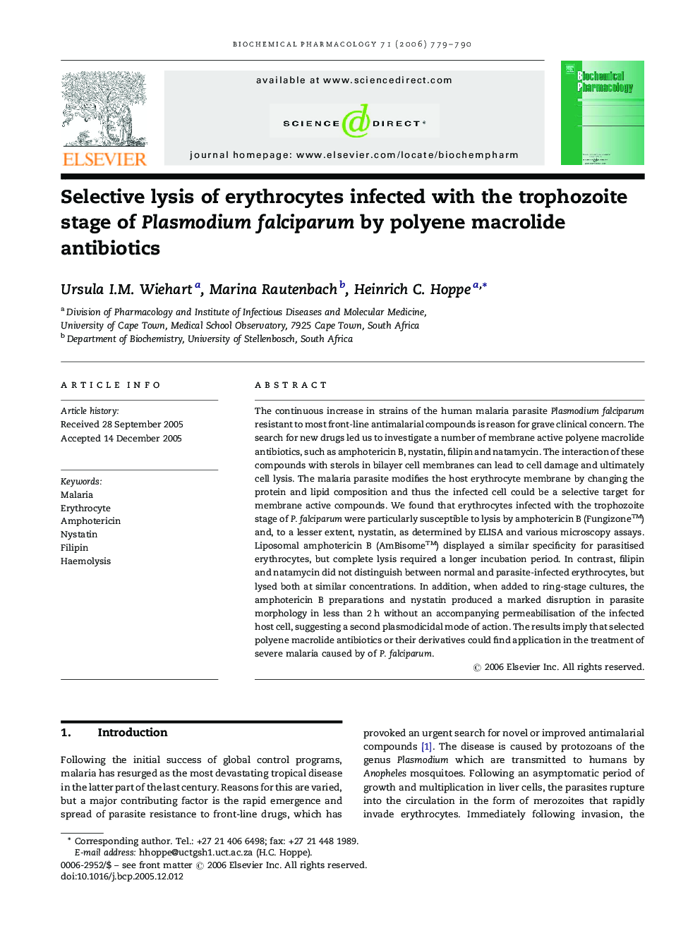 Selective lysis of erythrocytes infected with the trophozoite stage of Plasmodium falciparum by polyene macrolide antibiotics