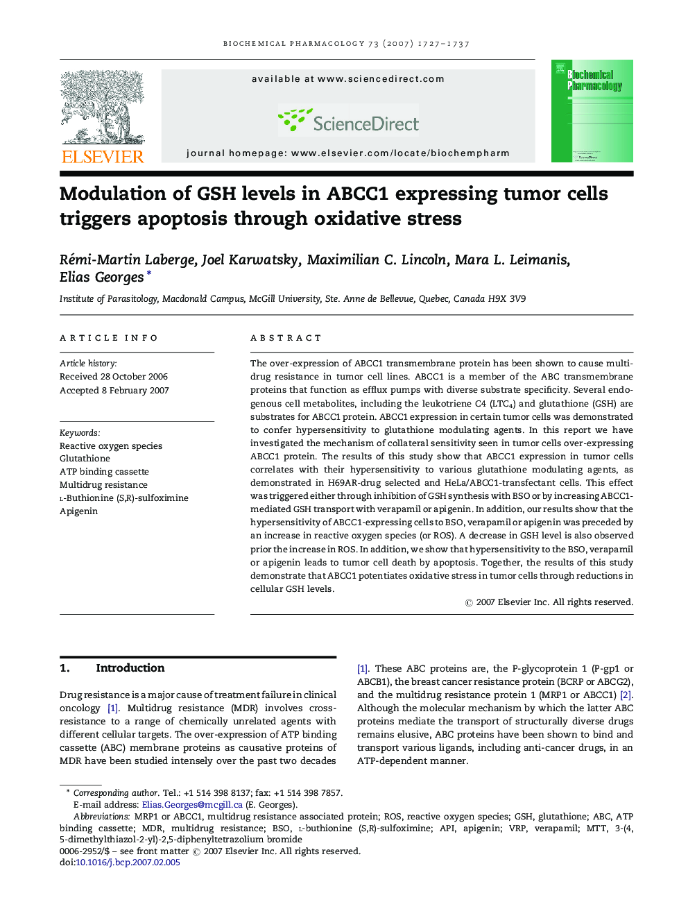 Modulation of GSH levels in ABCC1 expressing tumor cells triggers apoptosis through oxidative stress