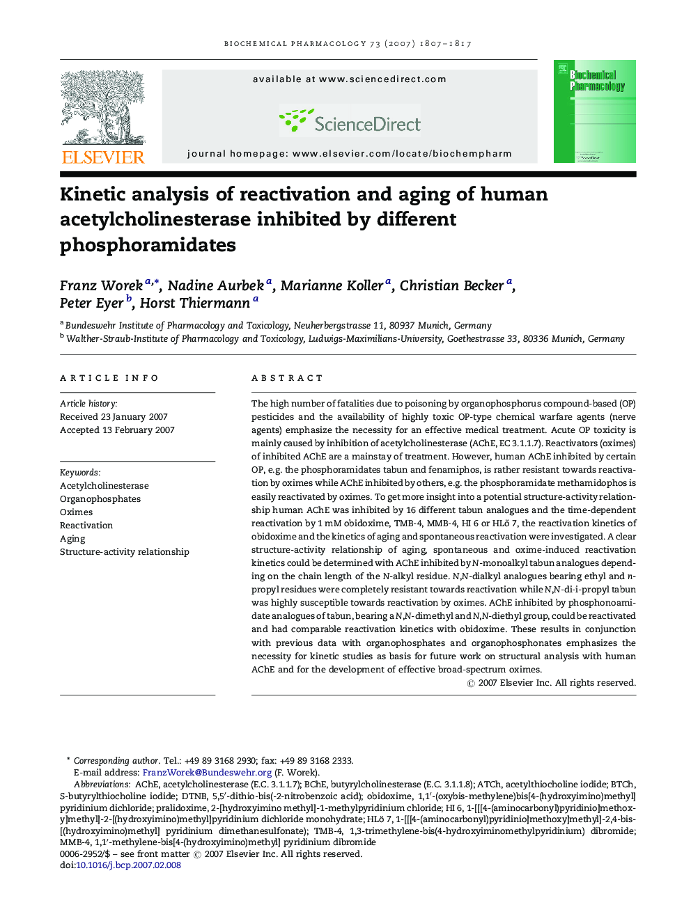 Kinetic analysis of reactivation and aging of human acetylcholinesterase inhibited by different phosphoramidates