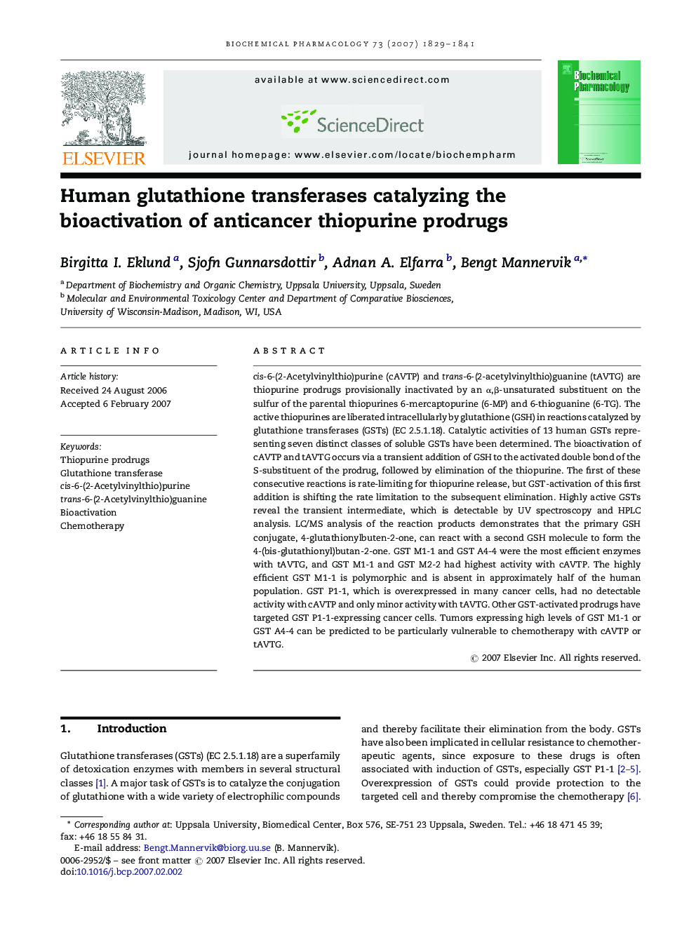 Human glutathione transferases catalyzing the bioactivation of anticancer thiopurine prodrugs