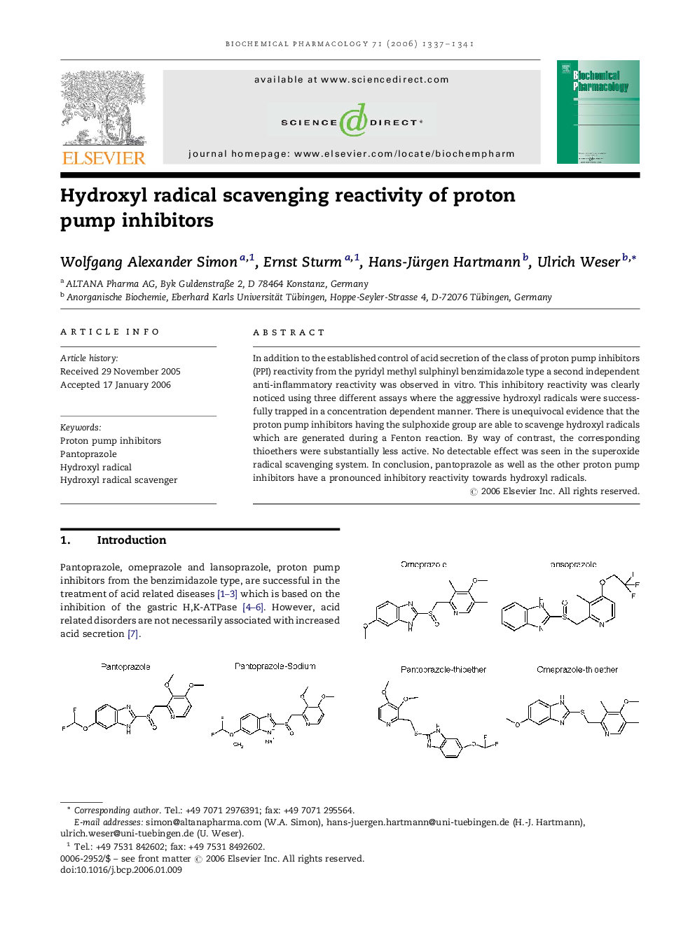 Hydroxyl radical scavenging reactivity of proton pump inhibitors