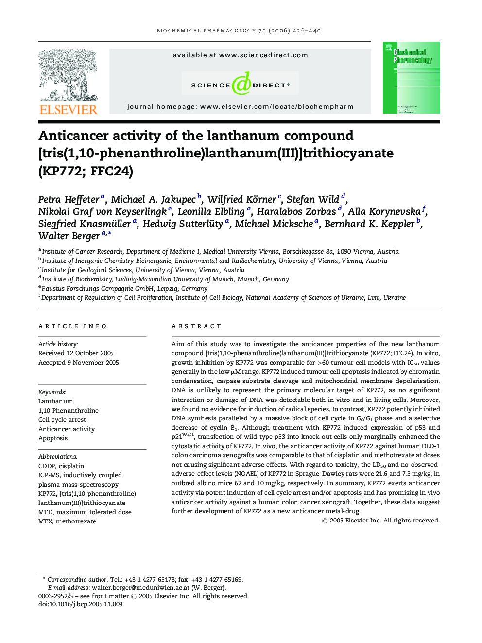 Anticancer activity of the lanthanum compound [tris(1,10-phenanthroline)lanthanum(III)]trithiocyanate (KP772; FFC24)