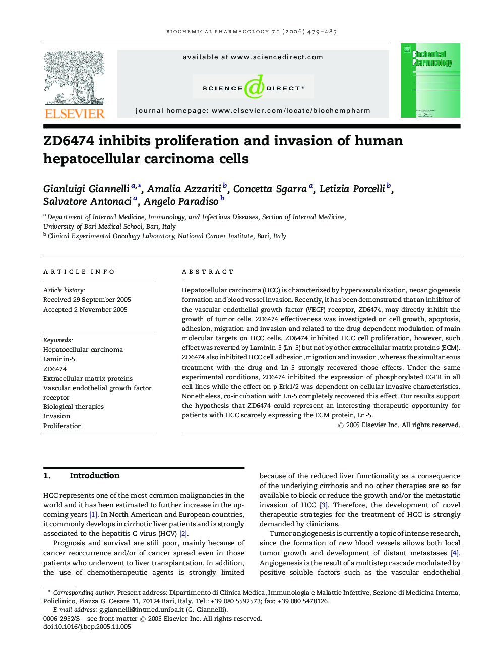 ZD6474 inhibits proliferation and invasion of human hepatocellular carcinoma cells