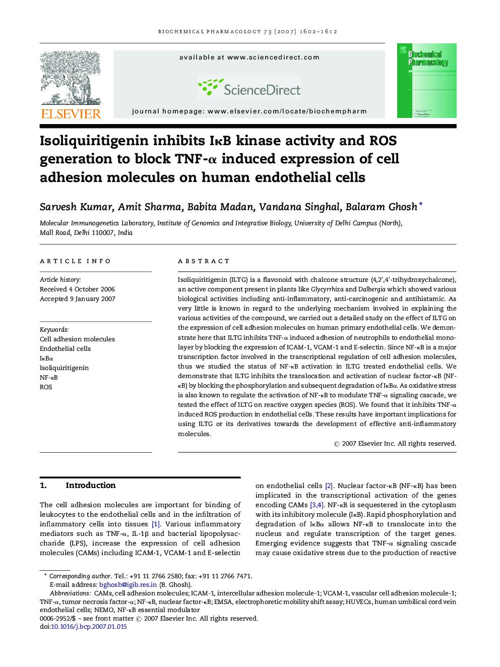 Isoliquiritigenin inhibits IκB kinase activity and ROS generation to block TNF-α induced expression of cell adhesion molecules on human endothelial cells