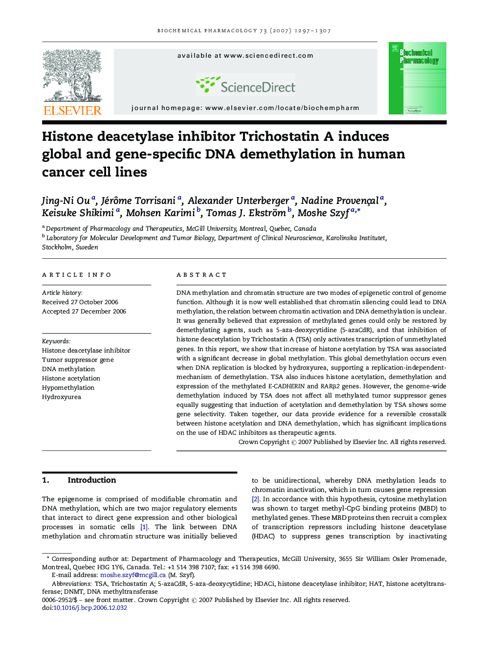 Histone deacetylase inhibitor Trichostatin A induces global and gene-specific DNA demethylation in human cancer cell lines