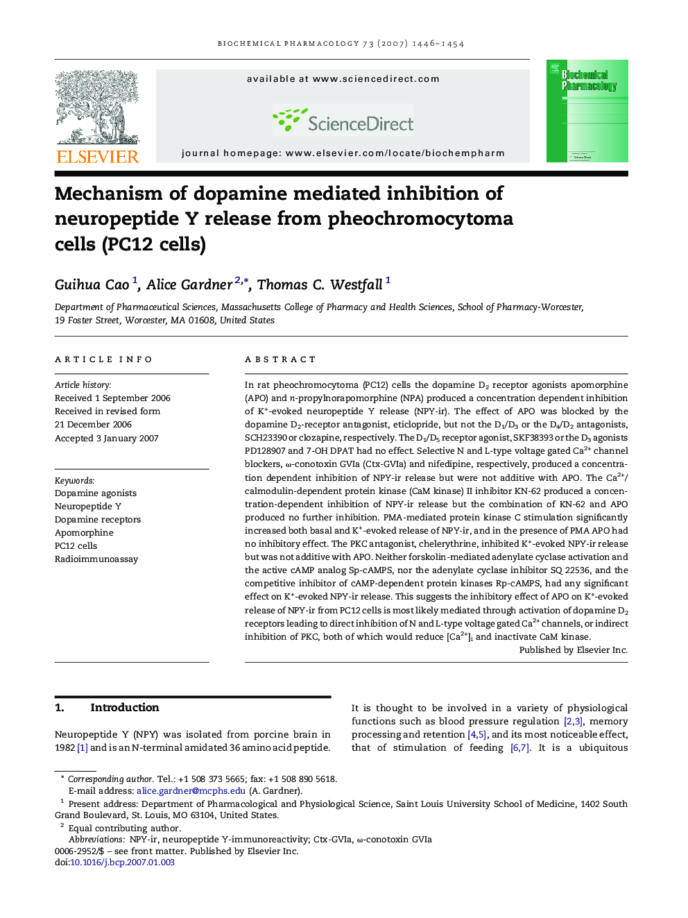 Mechanism of dopamine mediated inhibition of neuropeptide Y release from pheochromocytoma cells (PC12 cells)