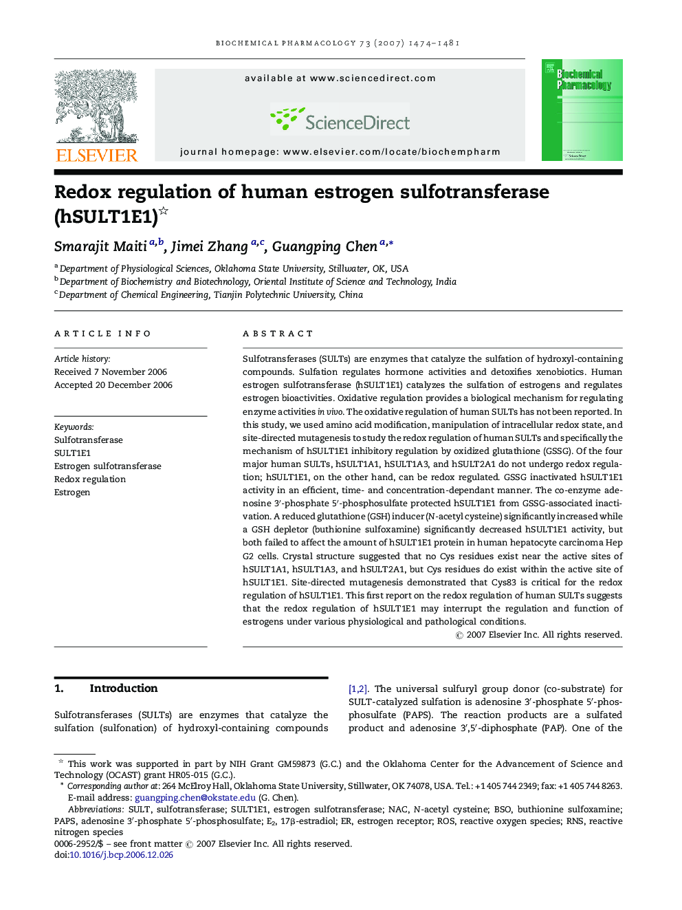 Redox regulation of human estrogen sulfotransferase (hSULT1E1) 