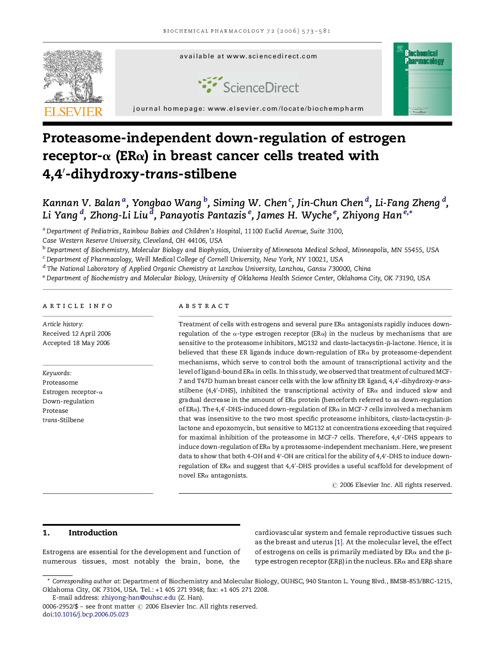 Proteasome-independent down-regulation of estrogen receptor-α (ERα) in breast cancer cells treated with 4,4′-dihydroxy-trans-stilbene