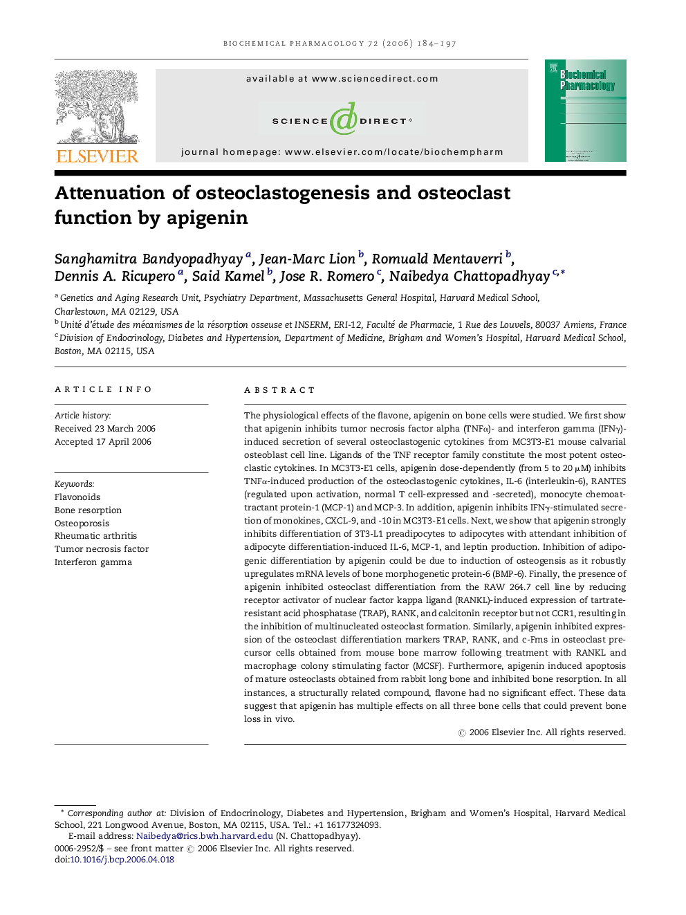 Attenuation of osteoclastogenesis and osteoclast function by apigenin