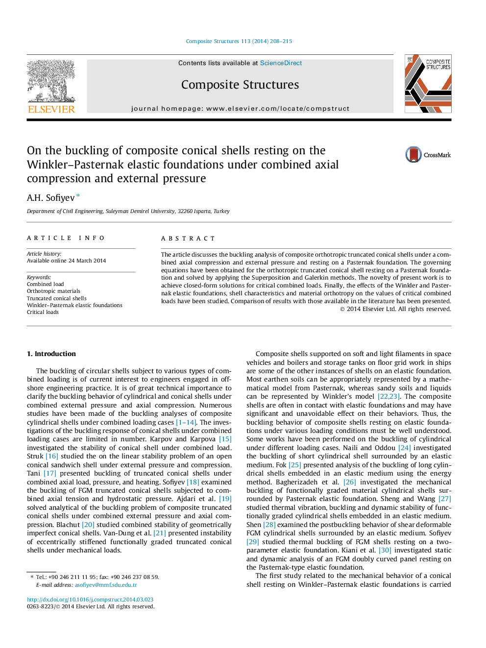 عکس صفحه اول مقاله: On the buckling of composite conical shells resting on the Winkler–Pasternak elastic foundations under combined axial compression and external pressure On the buckling of composite conical shells resting on the Winkler–Pasternak elastic foundations under combined axial compression and external pressure