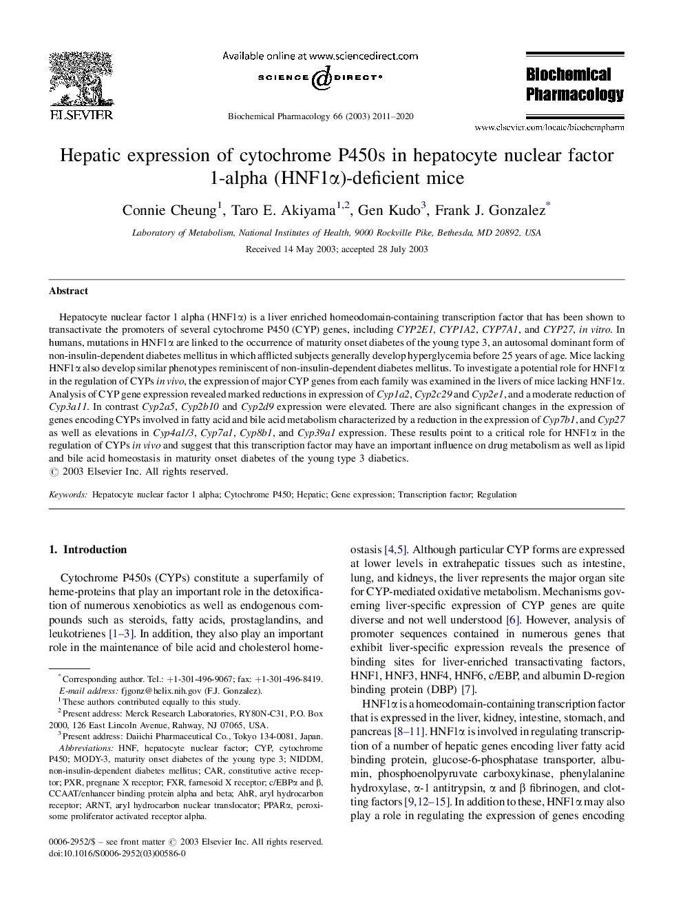 Hepatic expression of cytochrome P450s in hepatocyte nuclear factor 1-alpha (HNF1α)-deficient mice