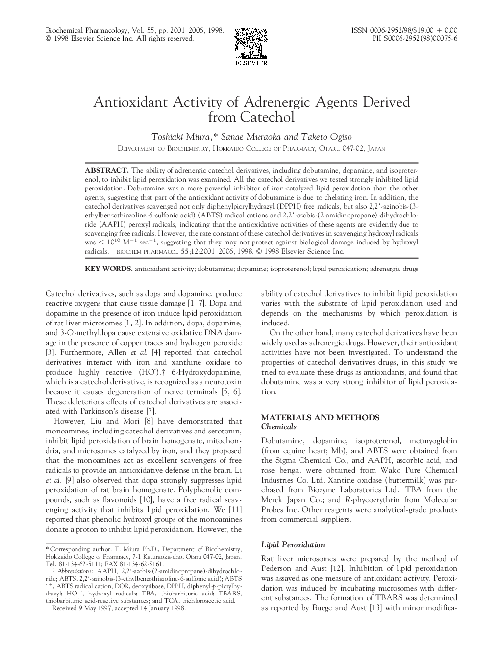 Antioxidant Activity of Adrenergic Agents Derived from Catechol