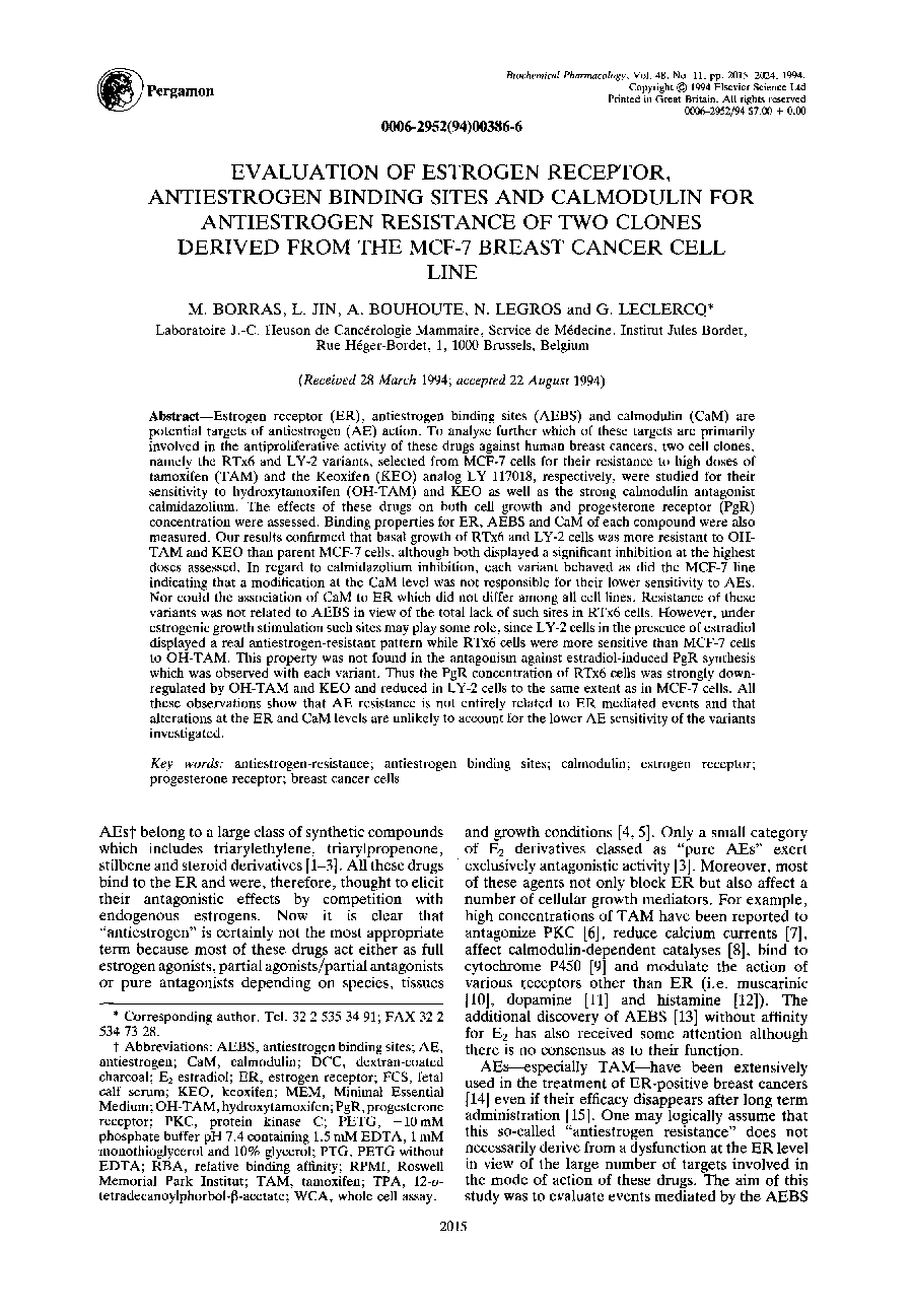 عکس صفحه اول مقاله: Evaluation of estrogen receptor, antiestrogen binding sites and calmodulin for antiestrogen resistance of two clones derived from the MCF-7 breast cancer cell line Evaluation of estrogen receptor, antiestrogen binding sites and calmodulin for antiestrogen resistance of two clones derived from the MCF-7 breast cancer cell line
