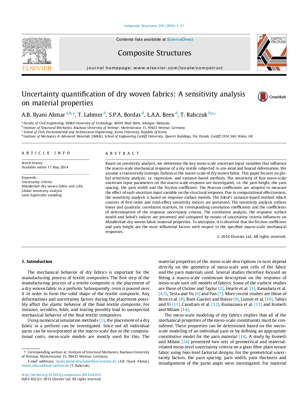 Uncertainty quantification of dry woven fabrics: A sensitivity analysis on material properties