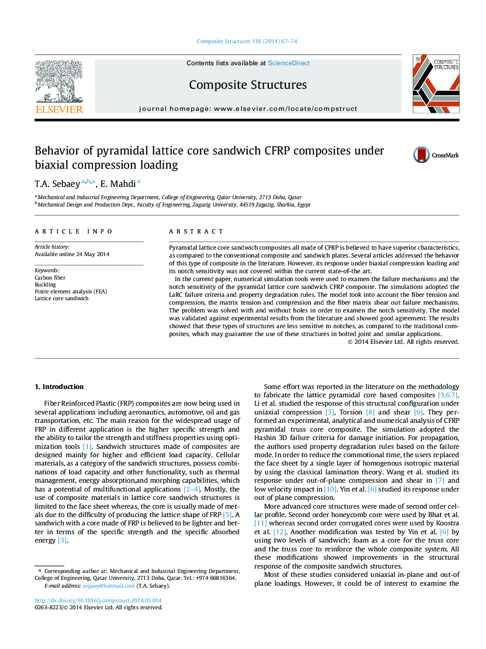 Behavior of pyramidal lattice core sandwich CFRP composites under biaxial compression loading