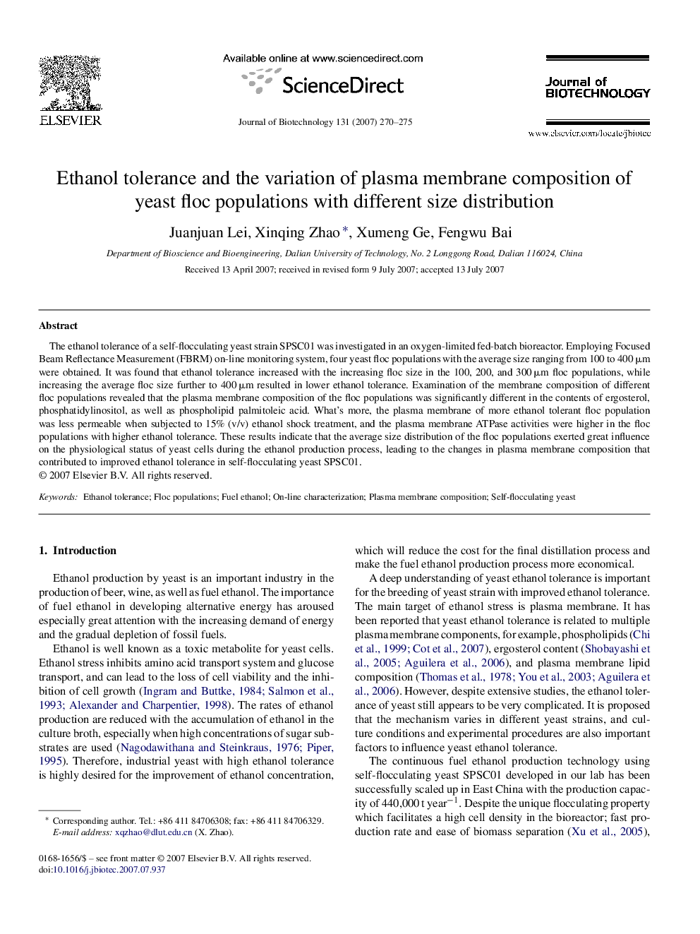 Ethanol tolerance and the variation of plasma membrane composition of yeast floc populations with different size distribution