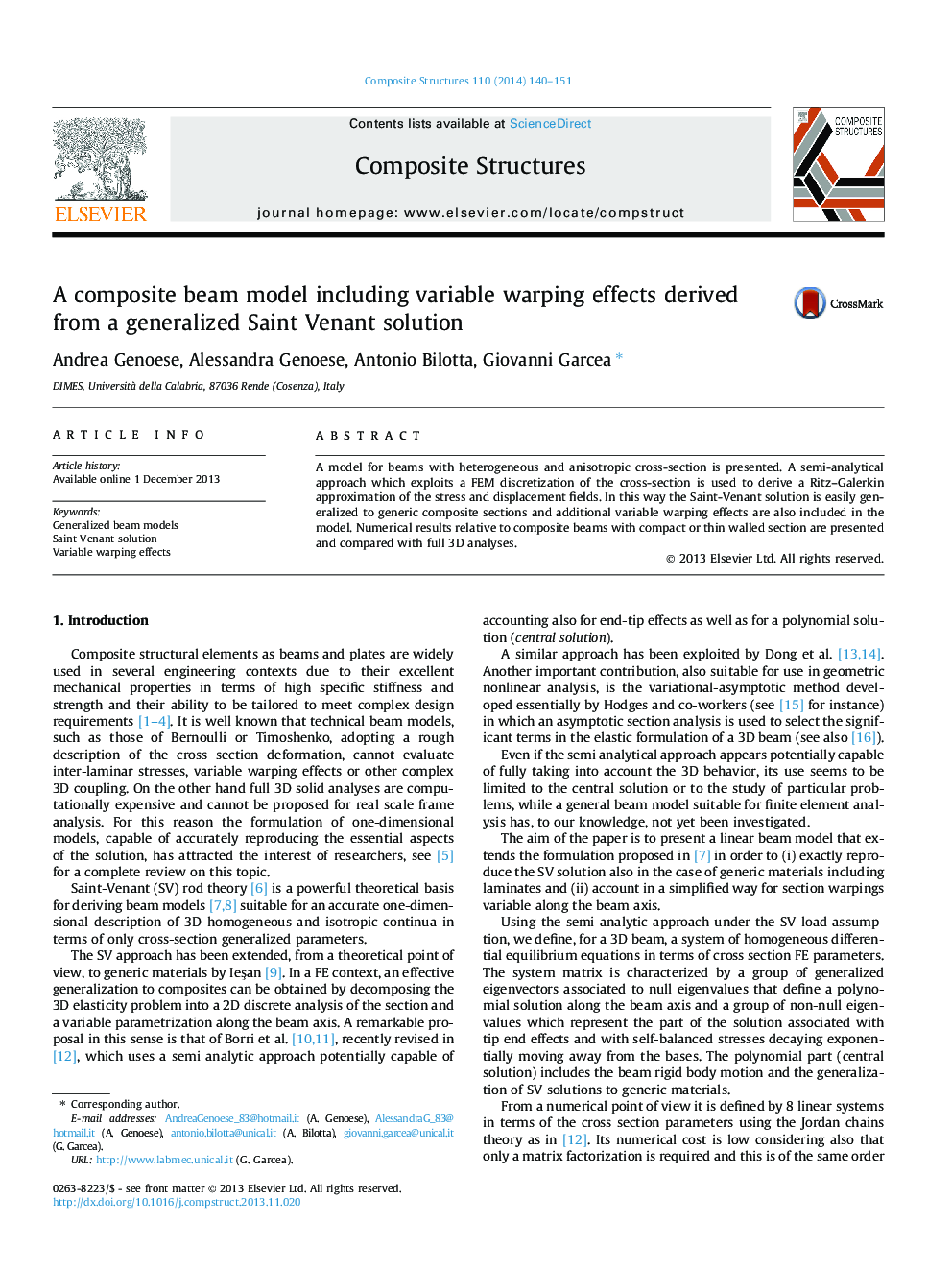 A composite beam model including variable warping effects derived from a generalized Saint Venant solution
