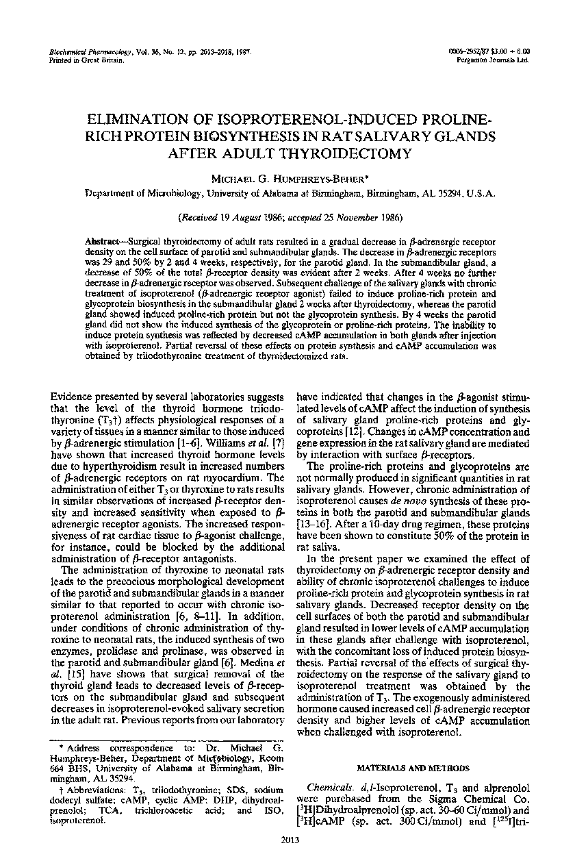 عکس صفحه اول مقاله: Elimination of isoproterenol-induced prolinerich protein biosynthesis in rat salivary glands after adult thyroidectomy Elimination of isoproterenol-induced prolinerich protein biosynthesis in rat salivary glands after adult thyroidectomy