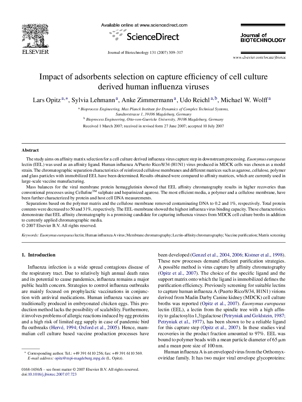 Impact of adsorbents selection on capture efficiency of cell culture derived human influenza viruses