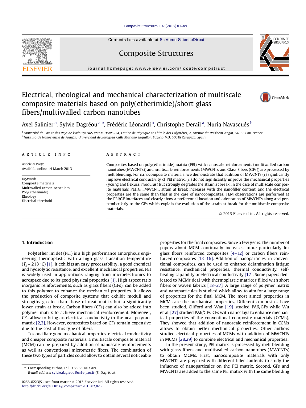 Electrical, rheological and mechanical characterization of multiscale composite materials based on poly(etherimide)/short glass fibers/multiwalled carbon nanotubes