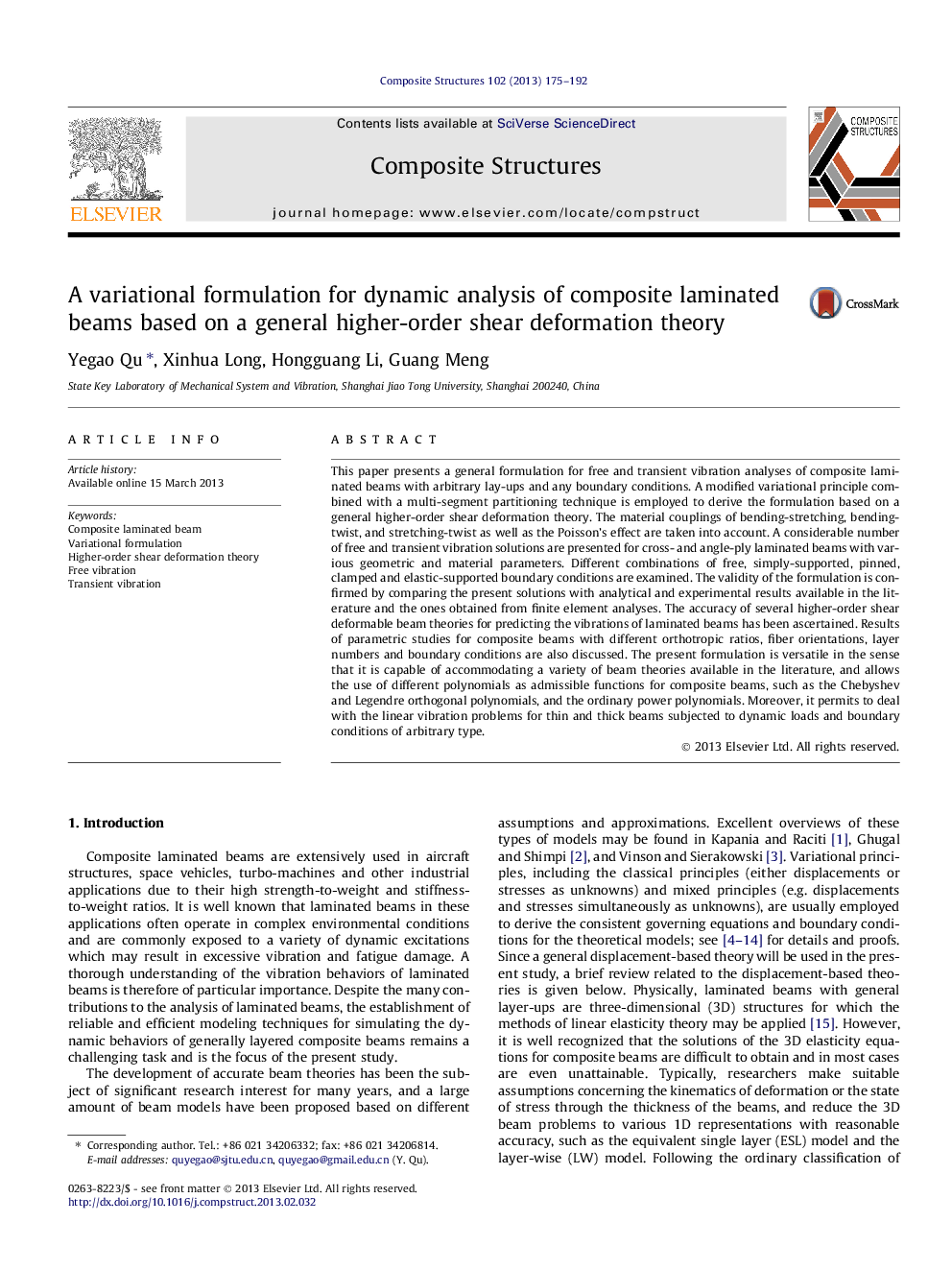 A variational formulation for dynamic analysis of composite laminated beams based on a general higher-order shear deformation theory