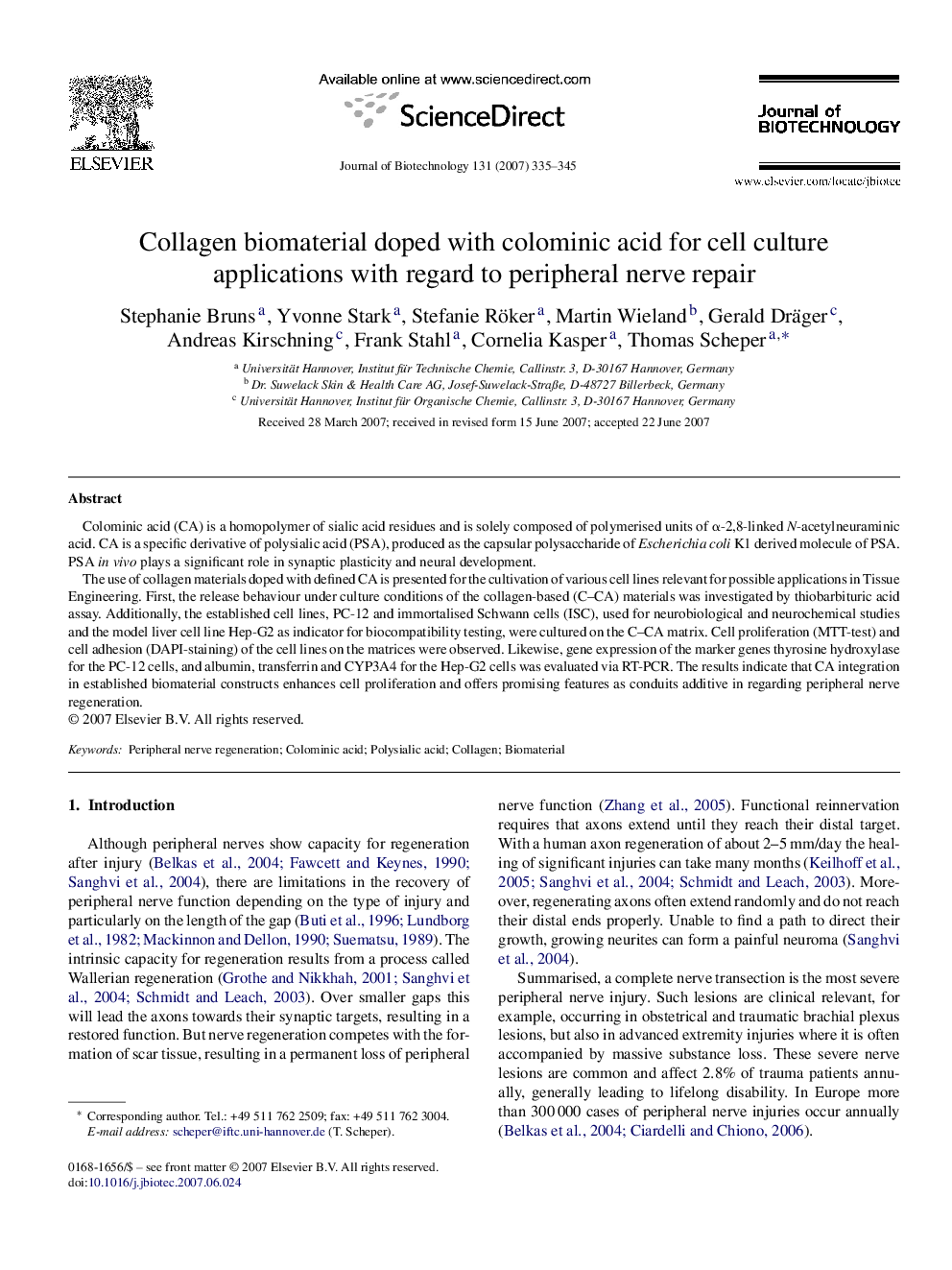 Collagen biomaterial doped with colominic acid for cell culture applications with regard to peripheral nerve repair