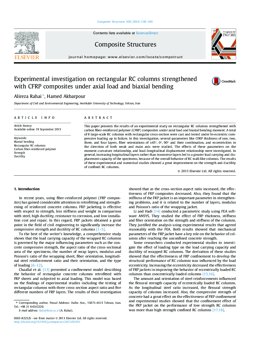 Experimental investigation on rectangular RC columns strengthened with CFRP composites under axial load and biaxial bending