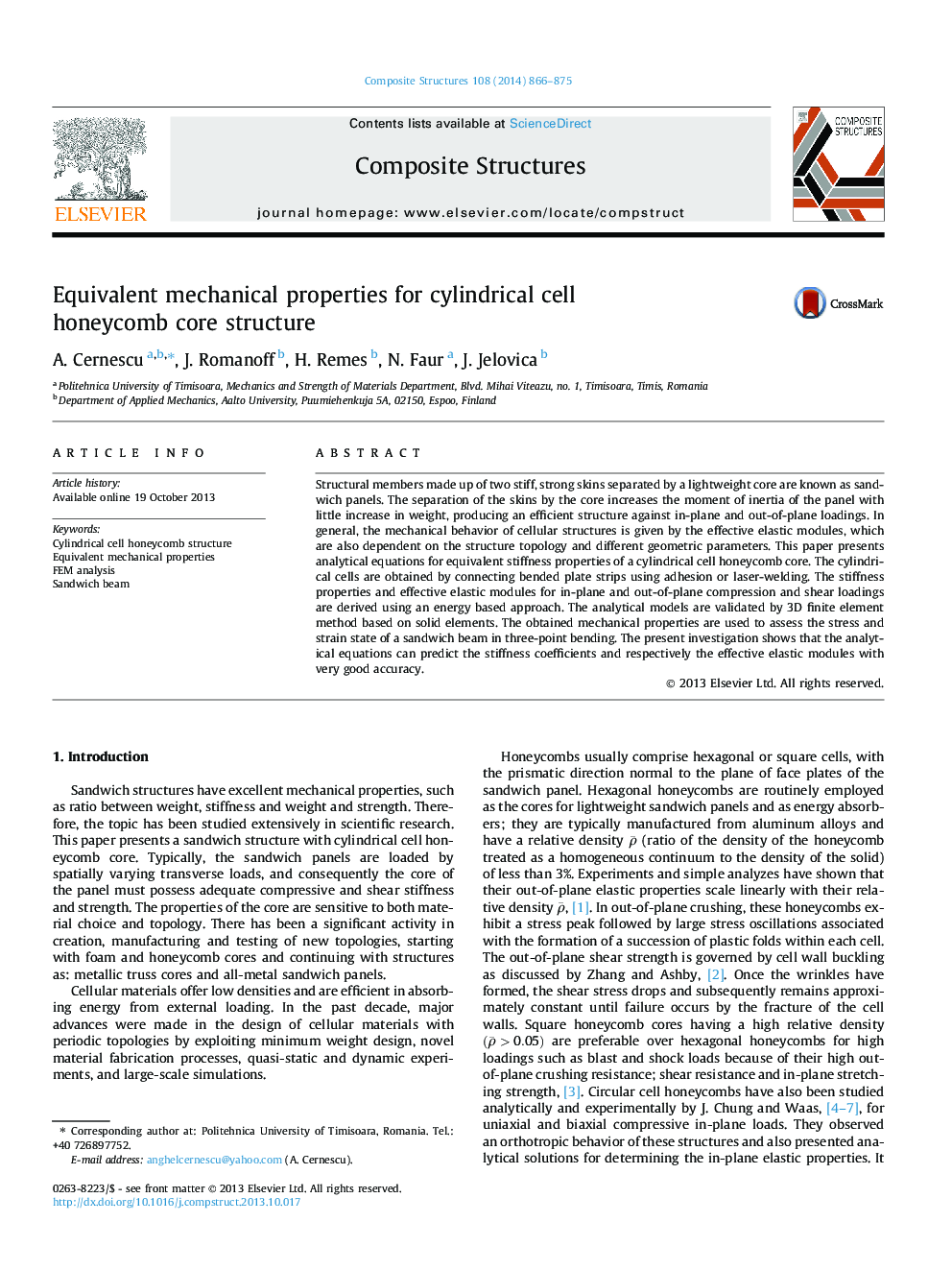 Equivalent mechanical properties for cylindrical cell honeycomb core structure