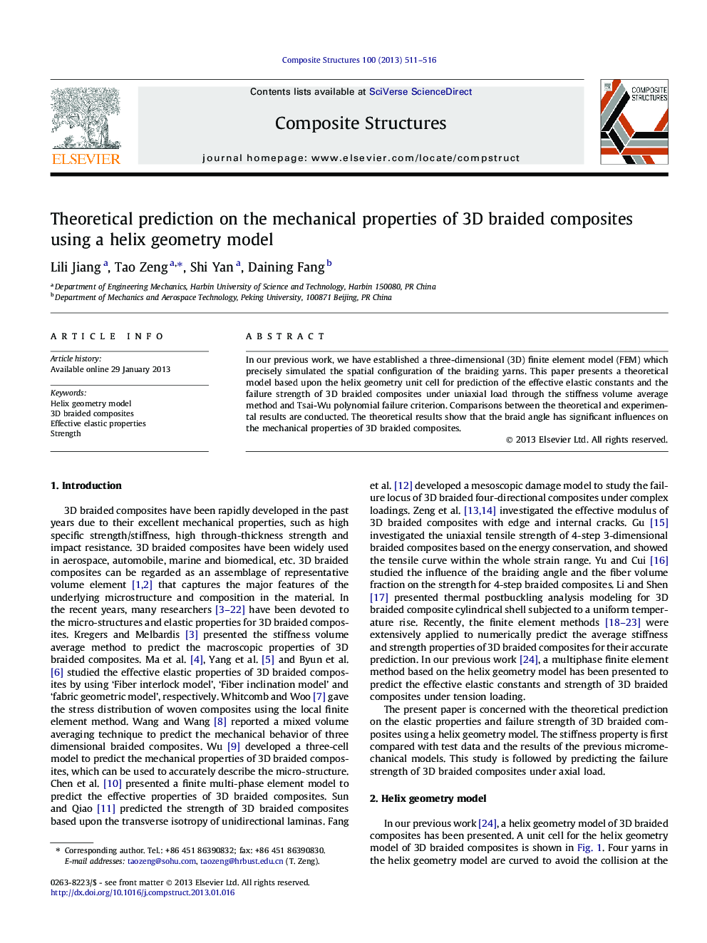 Theoretical prediction on the mechanical properties of 3D braided composites using a helix geometry model