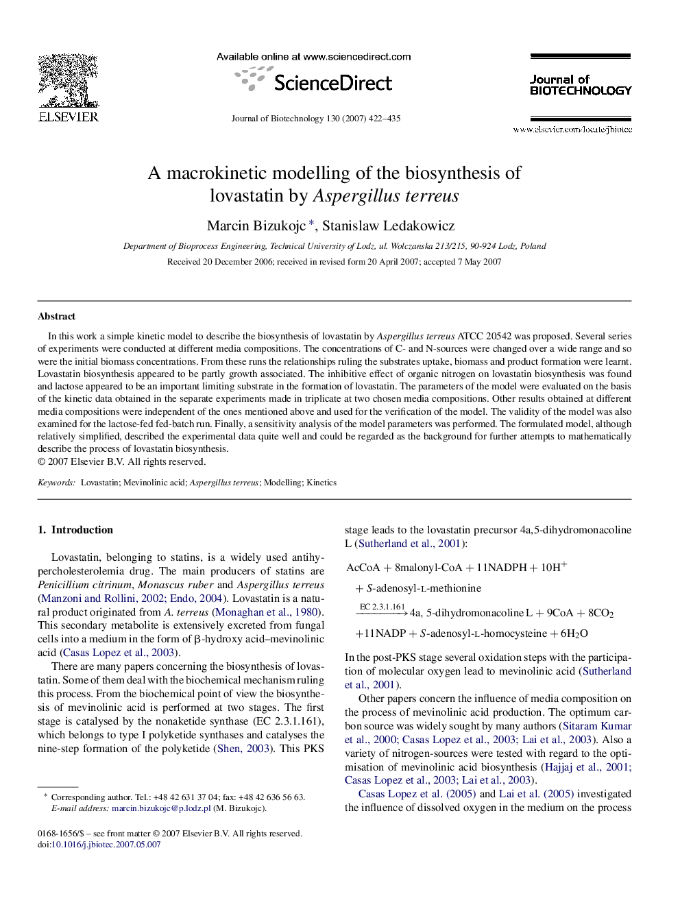 A macrokinetic modelling of the biosynthesis of lovastatin by Aspergillus terreus