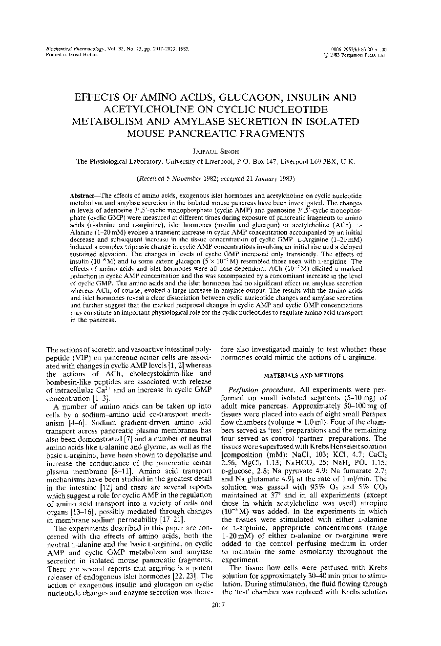 Effects of amino acids, glucagon, insulin and acetylcholine on cyclic nucleotide metabolism and amylase secretion in isolated mouse pancreatic fragments