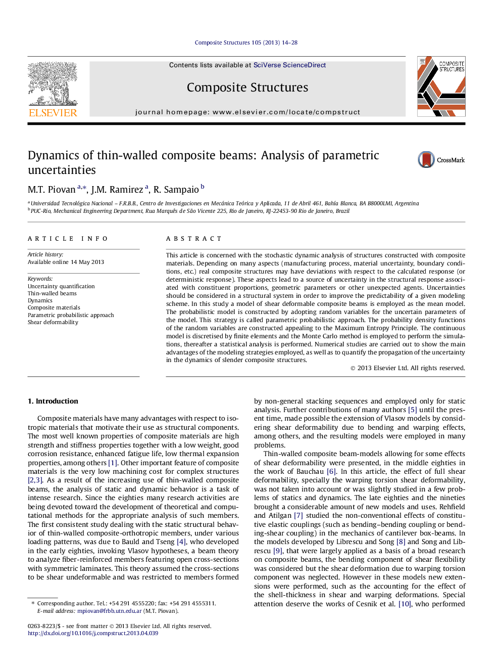 Dynamics of thin-walled composite beams: Analysis of parametric uncertainties