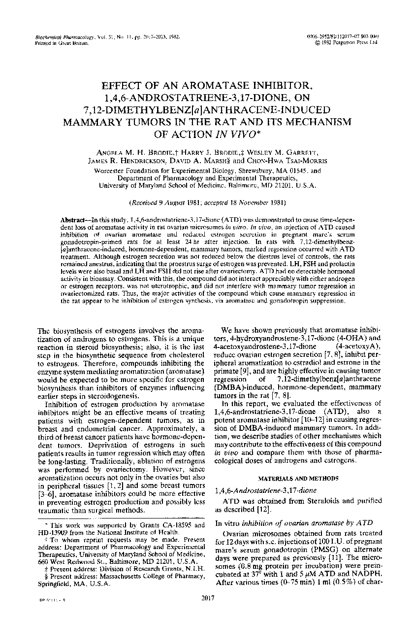 اثر مهارکننده های آروماتاز، 1،4،6-androstatriene-3،17-dione، بر روی تومورهای پستان ناشی از آنتراسن 7،12-dimethylbenz [A] در رت و مکانیزم عمل در داخل بدن