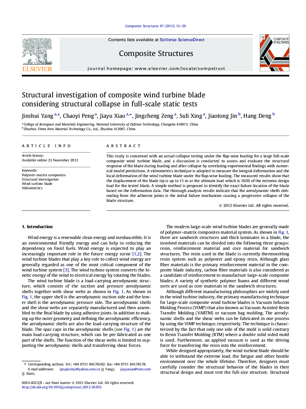 عکس صفحه اول مقاله: Structural investigation of composite wind turbine blade considering structural collapse in full-scale static tests Structural investigation of composite wind turbine blade considering structural collapse in full-scale static tests