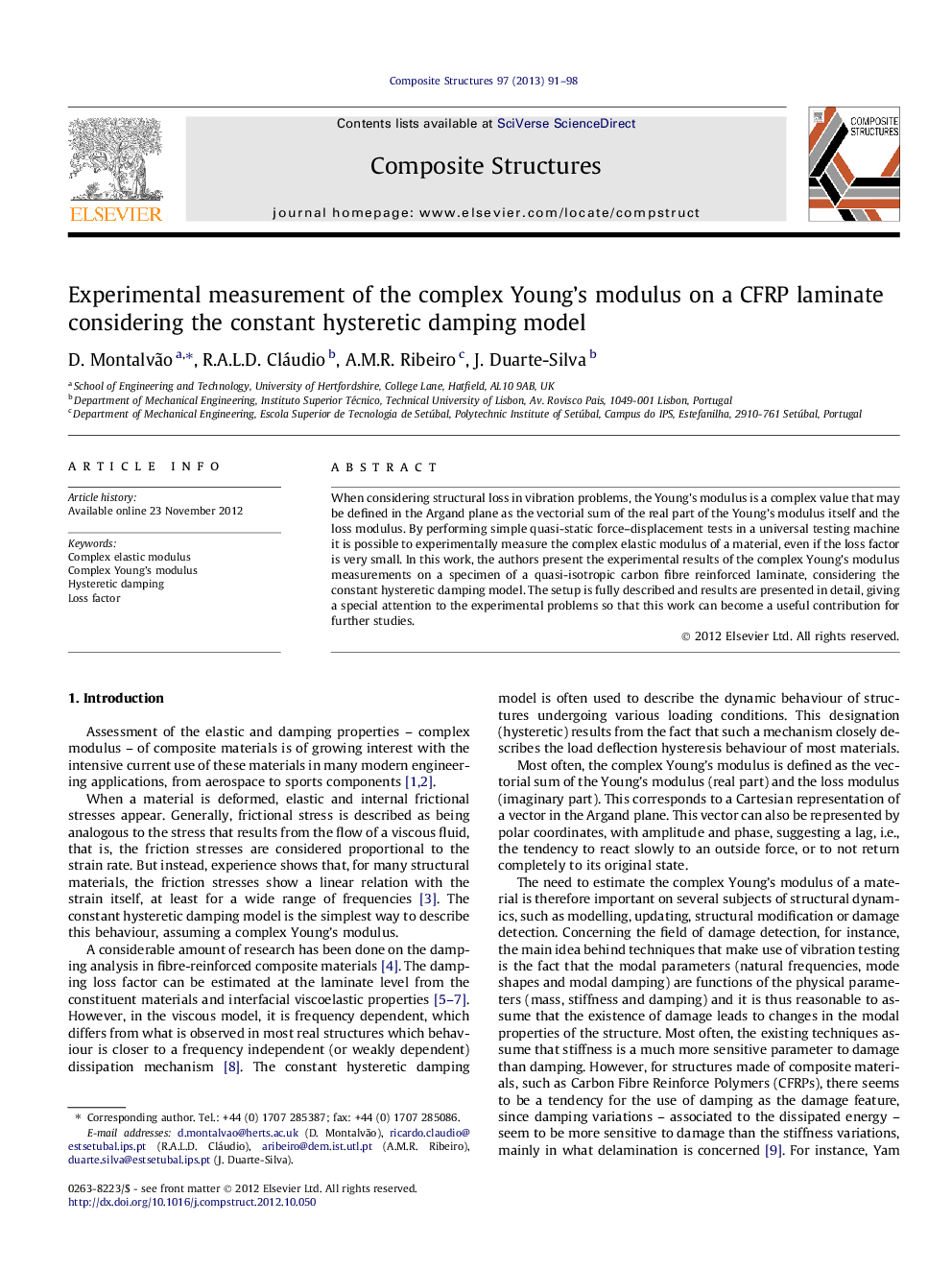 Experimental measurement of the complex Young’s modulus on a CFRP laminate considering the constant hysteretic damping model