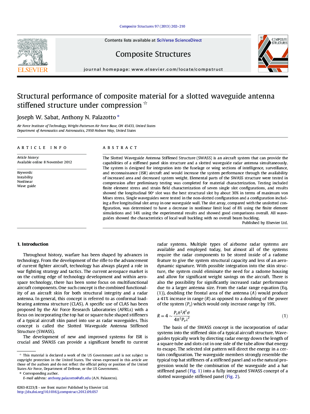 Structural performance of composite material for a slotted waveguide antenna stiffened structure under compression 