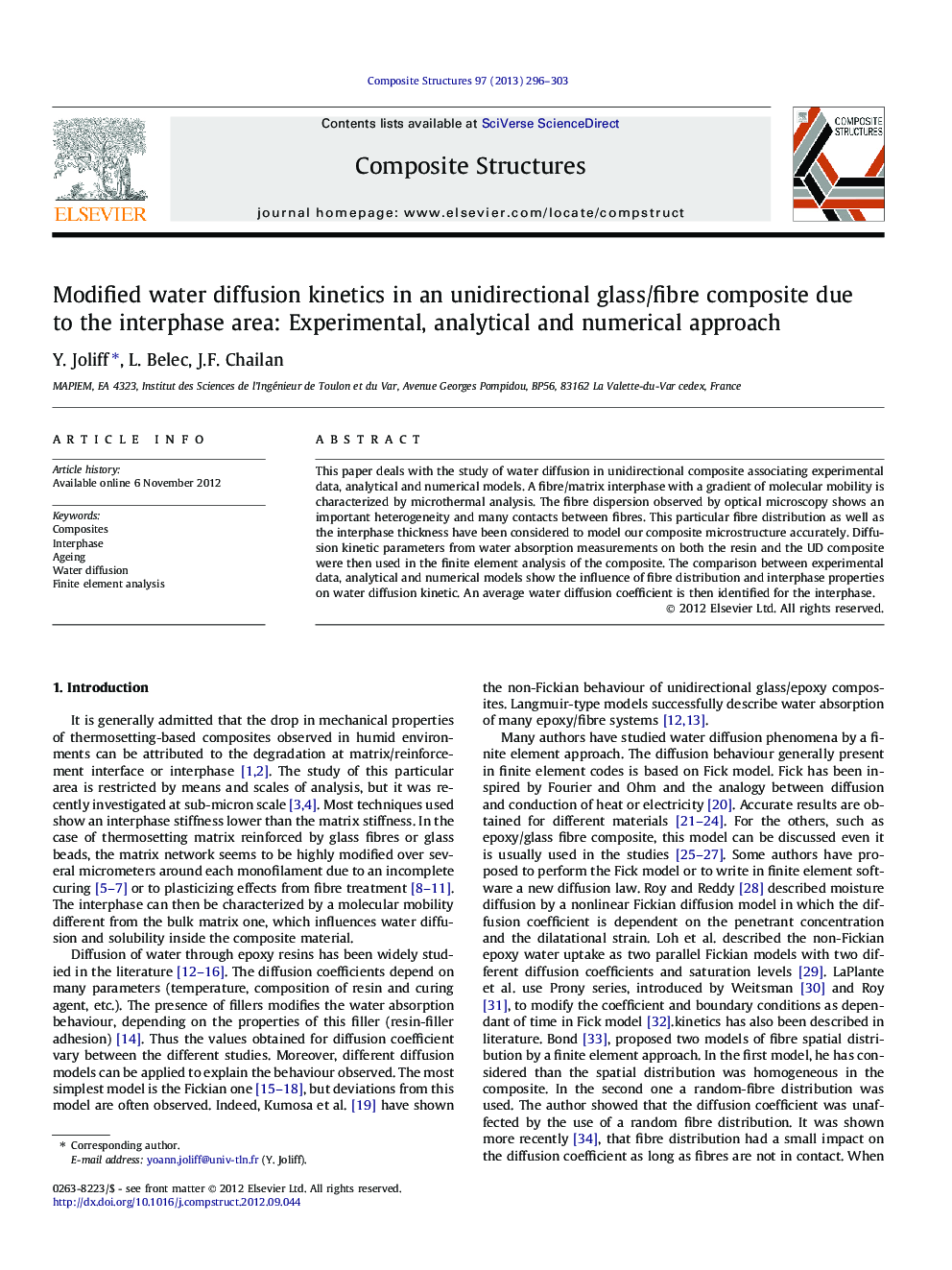 Modified water diffusion kinetics in an unidirectional glass/fibre composite due to the interphase area: Experimental, analytical and numerical approach