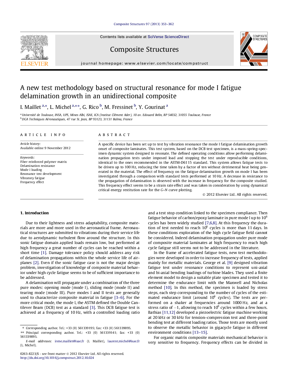 A new test methodology based on structural resonance for mode I fatigue delamination growth in an unidirectional composite