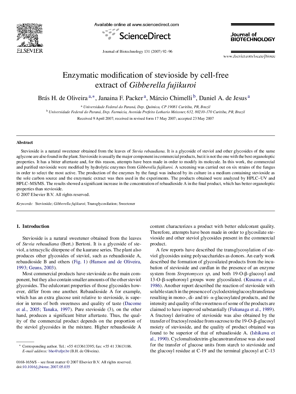 Enzymatic modification of stevioside by cell-free extract of Gibberella fujikuroi