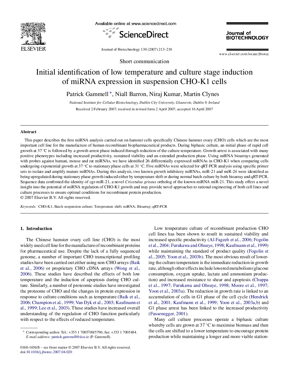 Initial identification of low temperature and culture stage induction of miRNA expression in suspension CHO-K1 cells